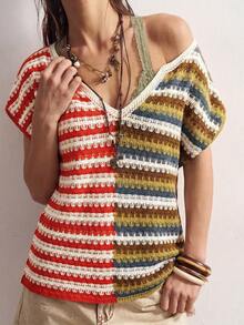 Bohemela Top de punto con bloques de color, rayas y patchwork para mujer - Amarillo - Ver 1