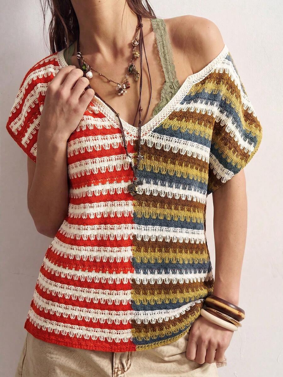 Bohemela Top de punto con bloques de color, rayas y patchwork para mujer - Amarillo - Ver 1