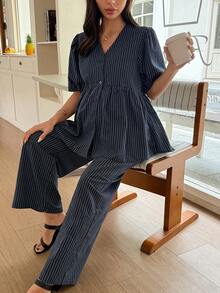 Dazy Maternity Fashion Striped Set Loose Short Sleeve Top Long Casual Pants Daily Wear Maternity 2 Pieces Set Summer - Navy Blue - View 7