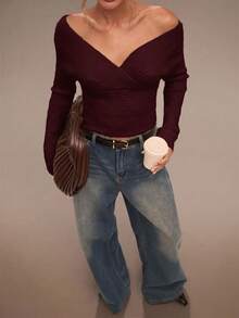SHEIN BAE Regular Women's Solid Color Off-Shoulder Long Sleeve Fitted Fashion Sweater - Purple - View 3