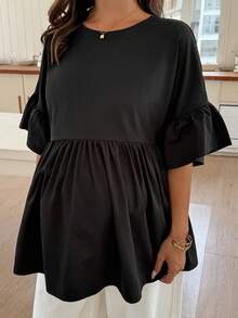 Dazy Maternity 純色小圓領寬鬆拼接抓皺短袖孕婦T恤，適合日常穿著，春夏款，黑色 - 黑色 - 查看 6