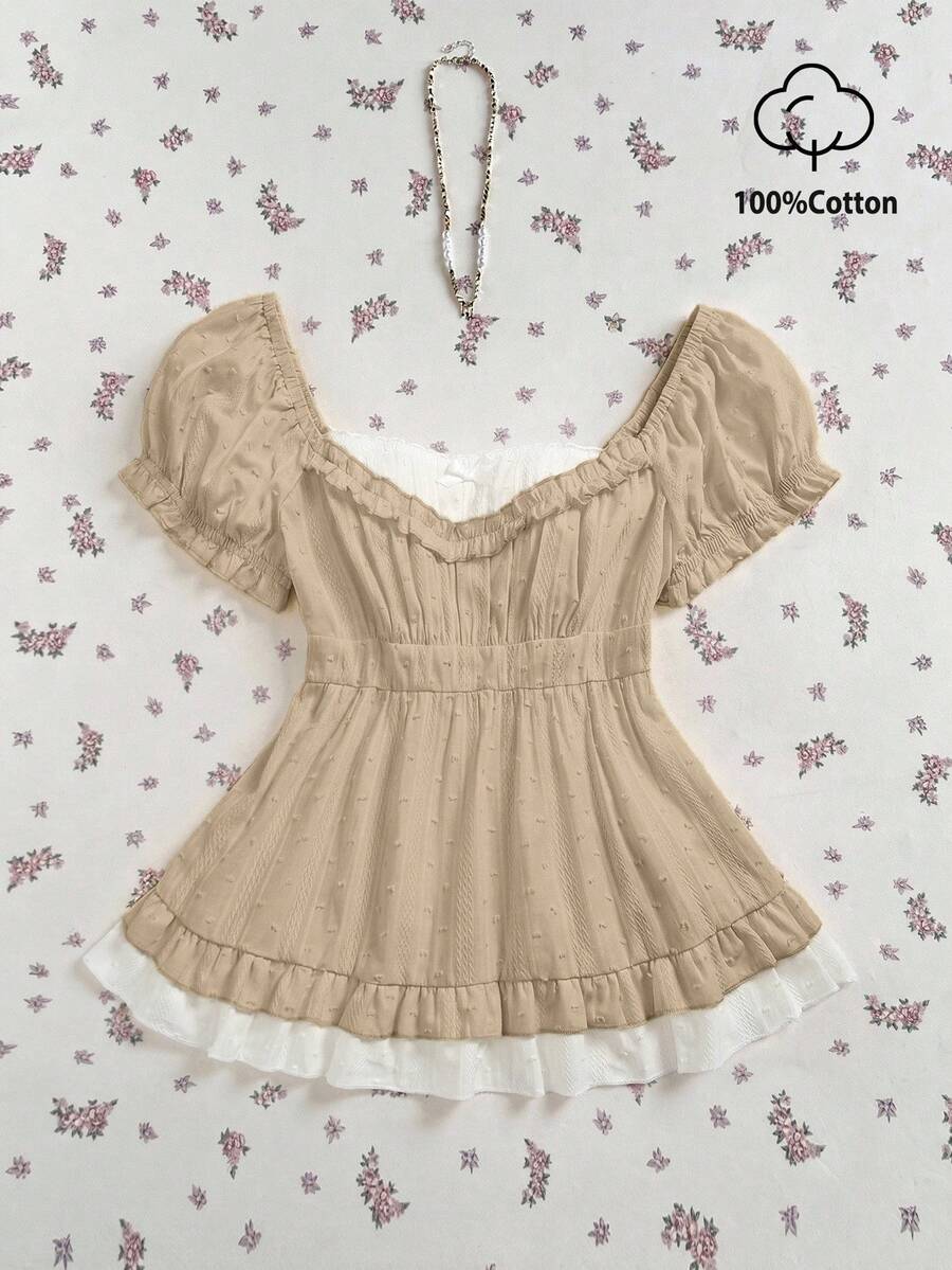 Flirla 夏季新款純棉甜美米色襯衫，花朵波點蕾絲拼接設計，休閒鄉村風奇幻彼得潘領短袖上衣 - 卡其色 - 查看 1