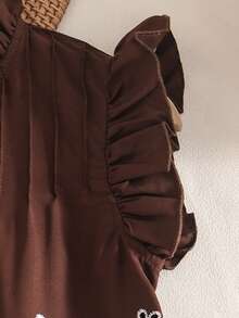 SHEIN Sparklyn 這是一套兩件式套裝：一件短袖花卉刺繡荷葉邊上衣，搭配鬆緊腰直筒寬腿長褲，適合前青春期女孩夏季穿著 - 棕色 - 查看 3