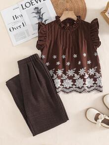 SHEIN Sparklyn 這是一套兩件式套裝：一件短袖花卉刺繡荷葉邊上衣，搭配鬆緊腰直筒寬腿長褲，適合前青春期女孩夏季穿著 - 棕色 - 查看 6