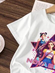 SHEIN Sparklyn 女童幼兒休閒日常短袖舞團風紫色圖案米白色T恤粉色百褶裙學院風夏季套裝 - 玫紅色 - 查看 7