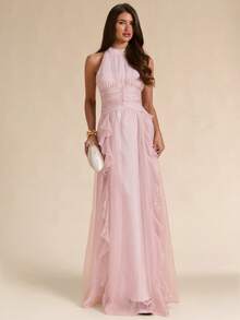 SHEIN BAE Spring/Summer Solid Dusty Pink Textured Jacquard Halter Neck Ruffle Trim Slim Fit Maxi Elegant Romantic Dress, Cocktail Bachelorette Party Formal - Apricot - View 4