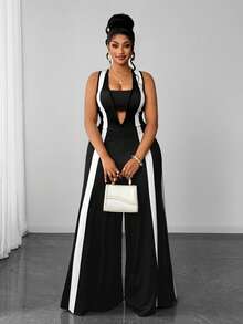 Maweii Plus Size Women's Summer Black & White Colorblock Sexy Deep V-Neck Sleeveless Jumpsuit, Elegant Outfit, Graduation Prom, Cosplay - Black and White - View 3