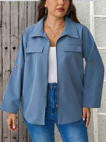 EMERY ROSE Plus Size Women's Solid Color Rolled Cuff Zipper Front Casual Jacket Fall - Blue - View 8