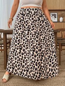 SHEIN CURVE+ 大尺碼豹紋開衩休閒裙 - 彩色 - 查看 8