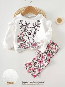 Cozy Pixies 2pcs/Set Baby Girl Cartoon Animal Floral Deer Pattern Knitted Soft Crew Neck Ruffle Long Sleeve Pullover Sweatshirt Elastic Waist Flared Long Pants Two Pieces Set, Suitable For Autumn/Winter, Casual Outfits, Indoor, Outdoor Leisure, Skiing, Back To School, Daily, Sports, Play, Party - White - View 1