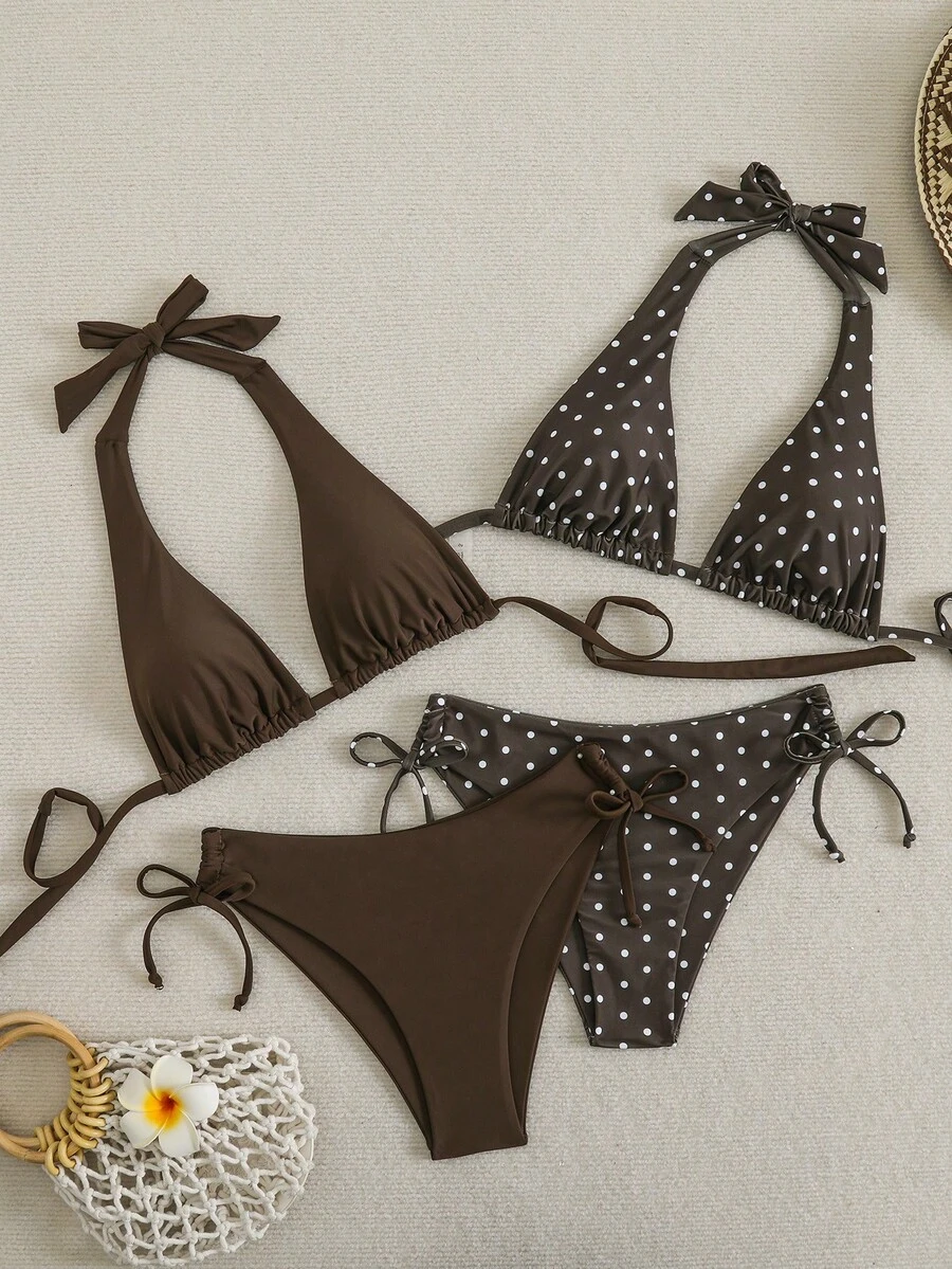 Swim Vcay Set Bikini Wanita Motif Cokelat dan Polkadot - Coffee Brown - View 1