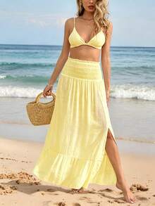 Swim Vcay Women's Solid Color Pleated 2-Way Wear Cover-Up - Light Yellow - View 5