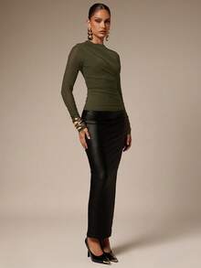 Silquee Camiseta elegante para mujer de unicolor con fruncido y ajuste ceñido para ir al trabajo - Verde militar - Ver 4