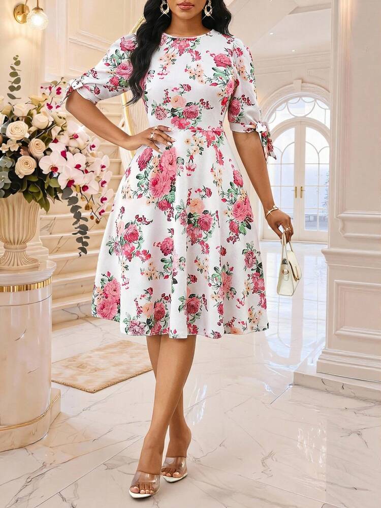 midi dress shein Lady Women Floral Print Round Neck Bubble Short Sleeve Dress, Elegant Summer,Dresses For Women Summer Spring/Summer Womens Elegant Ruched Mesh Fit SHEIN LUNE Crew Neck Sleeveless