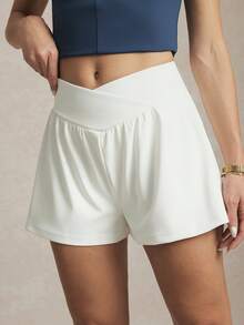 Activina Women's Asymmetric Waistband Double-Layer Golf Shorts,Solid White Old Money Chic Activewear For Running,Cycling,Yoga,Tennis&Gym Daily Wear - White - View 5