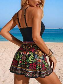 SHEIN Swim Spring/Summer Black Knitted Floral Retro Print Patchwork Cross-Front Ruched Side Knot Skirt Solid Black Bikini Bottom Mature Women's Swimsuit 2-Piece - Multicolor - View 2