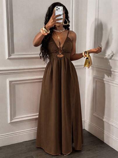 Glyssa Women's Sexy Spaghetti Strap Backless Cross Tie Front Hollow U-Shaped Buckle Ruched Hem Slit Long Dress Vacation Coffee Brown Summer