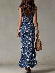 EMERY ROSE Women's Fashion Ruffle Lace Trim Spaghetti Strap Full Print Dress - Blue - View 2