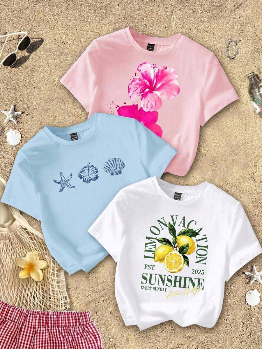 Attitoon 女款 3 件組修身短版 T-shirt－檸檬花卉；海灘/度假風；返校季；健身房/度假/軟妹風 - 彩色 - 查看 1