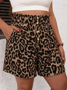 Comfylo Plus Size Women's Leopard Print Casual Versatile Shorts With Pockets And Button Front - Brown - View 5