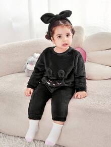 Set Atasan Lengan Panjang dan Celana Panjang Pinggang Elastis Motif Kartun Lucu untuk Bayi Perempuan Musim Gugur/Dingin - Hitam - View 7