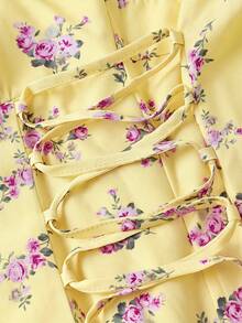 Skyraze Women Bowknot Strap Floral Print Long Dress For Summer,Graduation Dress,Modest Cottage Dresses Picnic Vacation Purple And Yellow.Halloween. School. - Pale Yellow - View 3