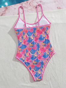 Swim Mod 夏季新款歐美風性感高衩紅色幸運魚印花拼色細肩帶貝殼飾邊小胸聚攏雙肩帶性感連身泳衣，適合女性與女孩，甜美清新顯瘦，適用溫泉、海灘、度假、生日派對 - 彩色 - 查看 2