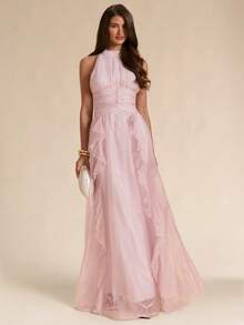 SHEIN BAE Spring/Summer Solid Dusty Pink Textured Jacquard Halter Neck Ruffle Trim Slim Fit Maxi Elegant Romantic Dress, Cocktail Bachelorette Party Formal - Apricot - View 1