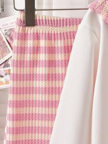 SHEIN Conjunto de sudadera con capucha tipo chal + pantalones de pierna ancha a rayas para niña preadolescente, adecuado para primavera y otoño - Rosa - Ver 5