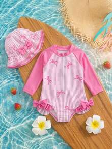 SHEIN Baby Girl Color Block Patchwork Striped Bow Print One-Piece Swimsuit - Pink - View 2