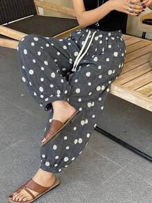 DAZY 女款度假休閒風波浪圓點長褲 夏季 - 黑色 - 查看 3
