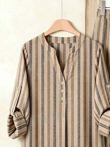 Rusticease Plus Size Women's Striped Pattern Cuffed Sleeve Button-Up Shirt And Pants 2 Pieces Set - Khaki - View 5