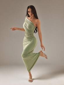 SHEIN PETITE Elegant Sage Green Summer Seductive Party Dress, Mesh Lace Patchwork See-Through Waist One Shoulder Ruffle Slim Fit Wedding Guest Beach Holiday ,Petite Women - Green - View 1