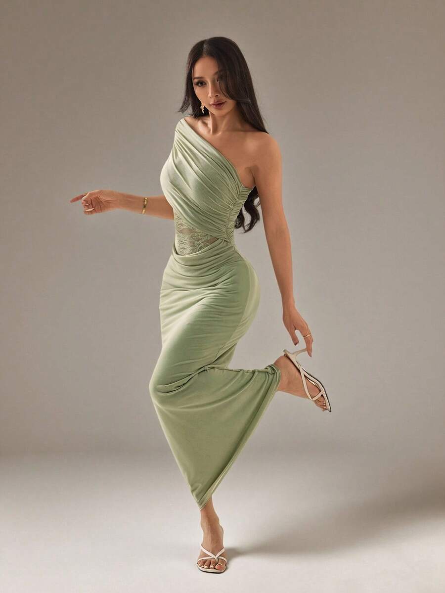 SHEIN PETITE Elegant Sage Green Summer Seductive Party Dress, Mesh Lace Patchwork See-Through Waist One Shoulder Ruffle Slim Fit Wedding Guest Beach Holiday ,Petite Women - Green - View 1