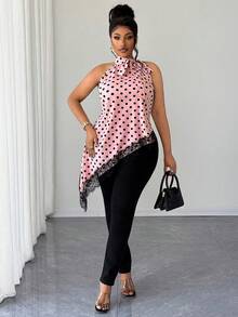 Maweii Camisa sin mangas con lunares, cordones y dobladillo asimétrico para mujer de talla grande - Rosa - Ver 3