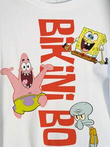 SpongeBob SquarePants | SHEIN 大尺碼女款字母卡通印花休閒百搭日常短袖T恤 - 白色 - 查看 3