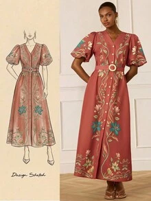 Lilora Vestido elegante de mujer con mangas de pétalos florales para vacaciones - Multicolor - Ver 2