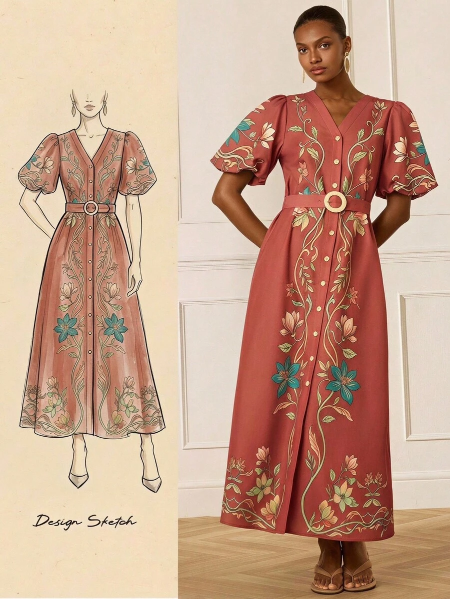 Lilora Women's Elegant Boho Floral Petal Sleeve Dress For Vacation Dusty Rose Summer Garden Party - Multicolor - View 1