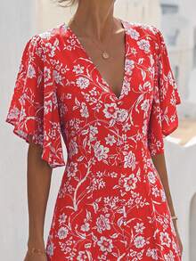 Wandoria Women's Apricot Base Brown Polka Dot V-Neck Cinched Waist A-Line Button-Down Dress With Decorative Buttons, Slit Hem, Elastic Back Waist, Puff Sleeves, Ruffle Short Sleeves, Romantic Polka Dot Long Dress, Exquisite Elegant French Vintage Formal Office Commute Business Casual Minimalist Versatile Old Money Style Australian Home Comfortable Casual Beach Vacation Street Style Afternoon Tea Valentine's Day Pastoral Bohemian Spring Summer New - Fiery Red - View 4