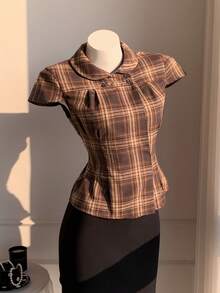 Comfortcana Women's Plaid Peter Collar Cap Sleeve Casual Vintage 70s 90s French Preppy Blouse Back-To-School Brown Checkered Summer Graduation School Teacher Tops - Coffee Brown - View 6