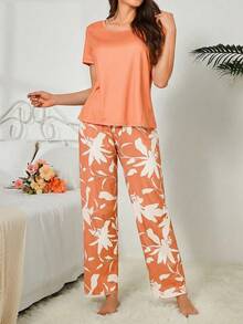 SHEIN 女款休閒花卉印花睡衣套裝 - 橘色 - 查看 3