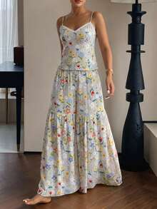 DAZY Sweet Floral Pattern Lace Patchwork Sleeveless Camisole & Wide Leg Pants 2-Piece Set Summer Women's Pajama Outfit - Light Grey - View 4
