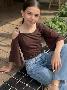 DAZY Tween Girl Solid Color Ruched Slim Fit Versatile Casual T-Shirt - Brown - View 3