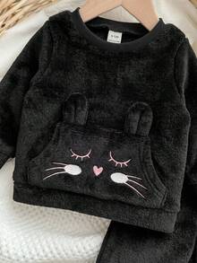 Set Atasan Lengan Panjang dan Celana Panjang Pinggang Elastis Motif Kartun Lucu untuk Bayi Perempuan Musim Gugur/Dingin - Hitam - View 11