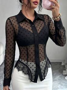 Selianne 女款性感波點蕾絲拼接單排扣透視上衣 - 黑色 - 查看 4