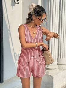 Serisse Women's Vacation Casual Boho Dusty Pink Tie-Front Wrap Tank Top And Shorts 2 Pieces Set Beach Summer - Red and White - View 8