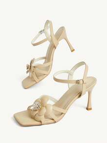 CUCCOO CHICEST Zapatos de mujer con flores tridimensionales multicolor, punta cuadrada, tacón de aguja y hebilla, sandalias de estilo dama suave, modelos de primavera y verano adecuados para citas - Albaricoque A - Ver 6