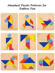 MINKOJA Portable Iron Box Wooden Tangram Puzzle, 59 Double-Sided Cards 118 Patterns, Montessori Educational Toy For Kids 3+, Travel Brain Game Develops Spatial Thinking & Hands-On Ability, Perfect Gift For Boys Girls - Multicolor - View 6