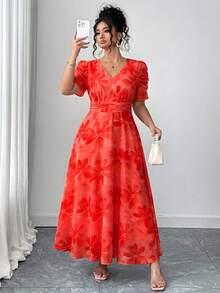Elenzga Vestido midi de verano talla grande con estampado floral rojo, cuello en V, mangas fruncidas, cintura ceñida y detalle de lazo, manga corta, vestido elegante para vacaciones y uso casual, adecuado para vacaciones en la playa y regalo de despedida de soltera - Rojo - Ver 7