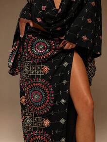MUSERA Linen Sequin Detail Asymmetric Maxi Skirt Summer Beach Vacation Sexy Cute Boho Travel Festival Pocha - Black - View 5